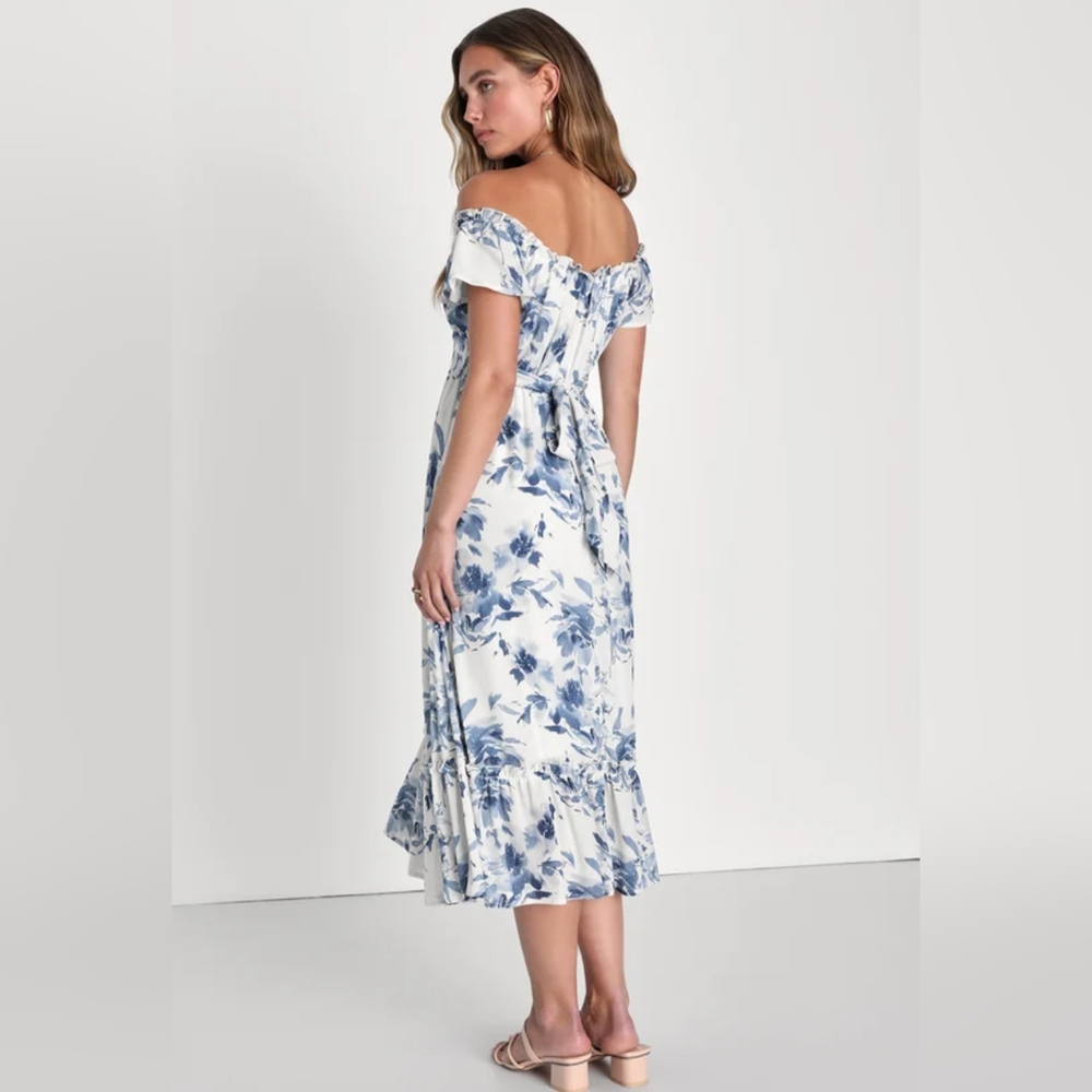 NWOT Lulu's White Floral Off-the-Shoulder Midi Dress Size L=10/12 - Picture 2 of 5